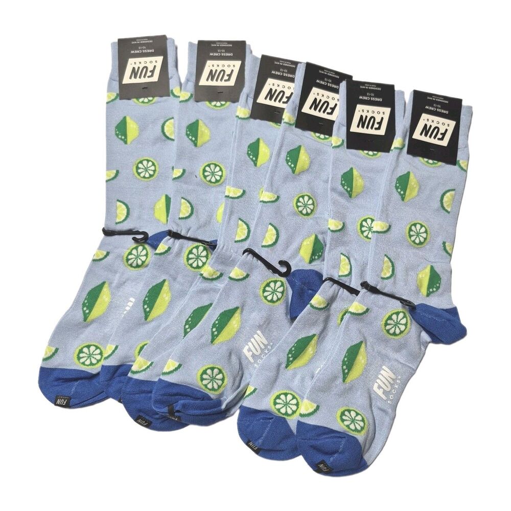 NWT Lot 6 Fun Socks Mens Blue Lime Citrus Patterned Novelty Dress Crew 10-13